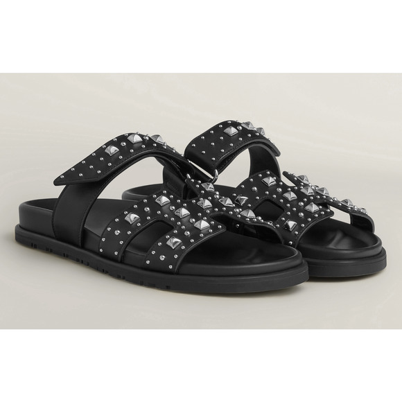 Hermes Chypre Sandal Black Studded Stud Punk Rock H Logo Strap Slide Flat 39 - Picture 1 of 16